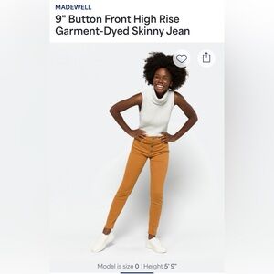 Madewell 9” Button Fly High Rise Garmet-Dyed Mustard Skinny Jeans